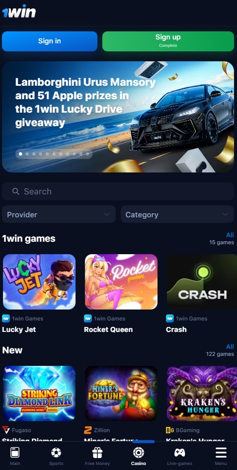 1win Casino Games in the App